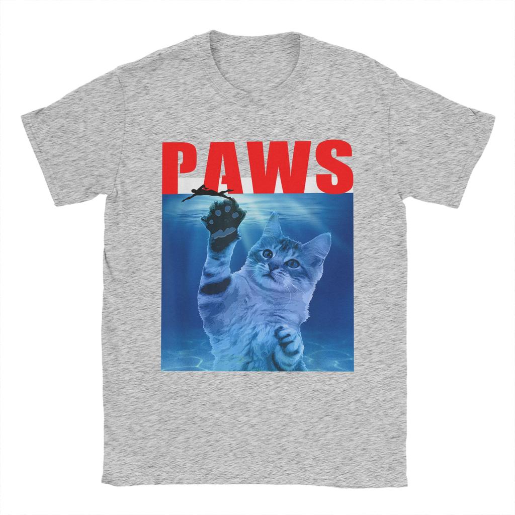PAWS Funny Cat Parody For Shark And Cat Lovers TShirt Beach Y2K TShirts Cotton Tshirt For Men ShortSleeved Casual Tees