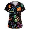 Women's V-neck Halloween Printed Short-sleeved Pocket Side-slit Protective Suit Top