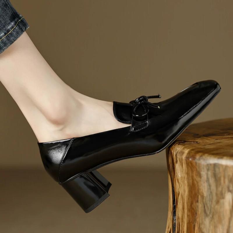 

Fashion 2025 New Shoes for Women Loafers Woman Footwear Chunky Heels Luxury Leather Casual with Medium Square Toe Block Heel Red on Sale 35 чёрный