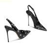 Fashion Metal Buckle Hollow Black Leather Sandals 2025 Spring New Style Women Stiletto Heels Shallow Pointed Toe Summer Fashion Sandals