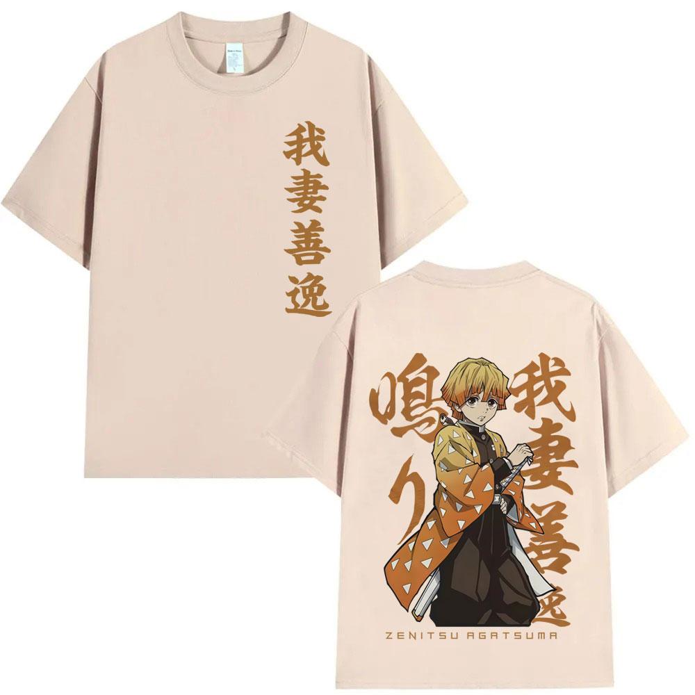Anime Demon Slayer Agatsuma Zenitsu Double Sided Print T Shirt Men Women Fashion Oversized Short Sleeve Tshirts Male Streetwear