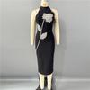 French Bandage Dress: Elegant Sleeveless Evening Gown with Hip-Hugging Long Skirt & 3D Floral Accents.