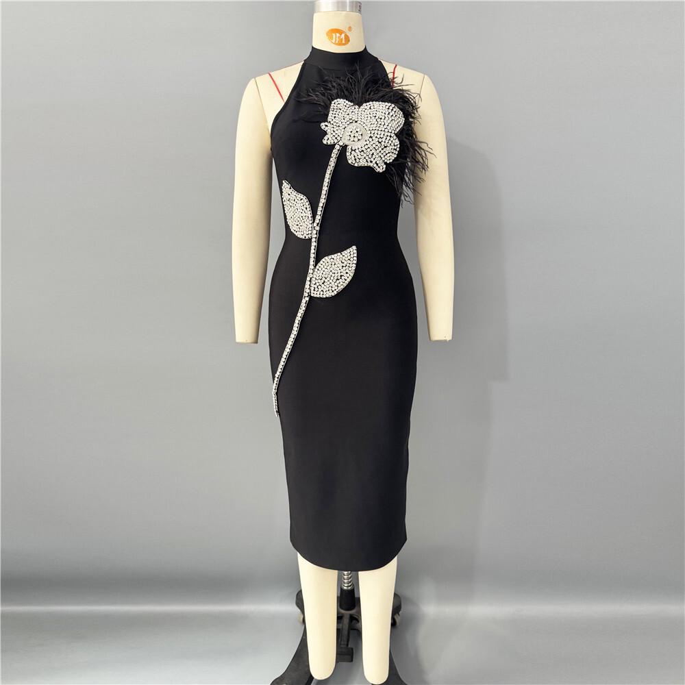 

French Bandage Dress: Elegant Sleeveless Evening Gown with Hip-Hugging Long Skirt & 3D Floral Accents. Extra Large чёрный