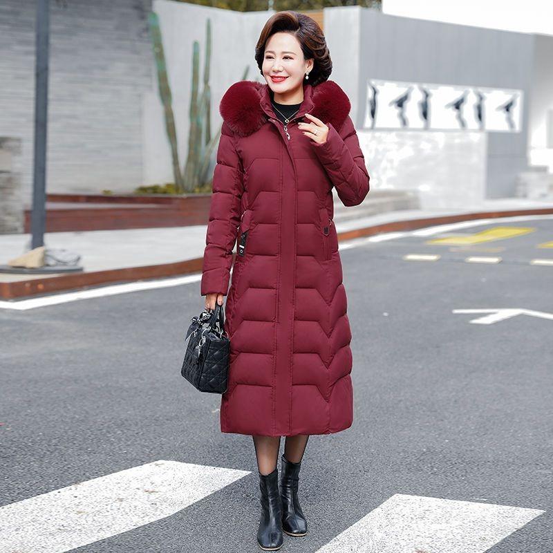 Winter Hooded Slim Down Cotton Jacket Solid Color Fur Collar Thick Parkas Coat Middle-aged Mother Warm Over-The-Knee Overcoat