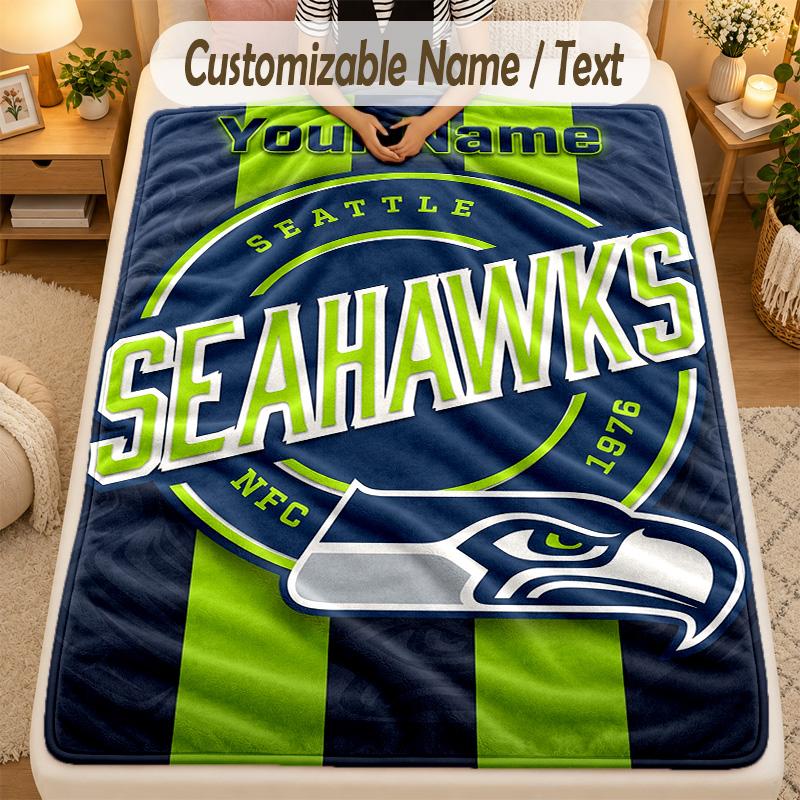 Flannel BlanketSeattle Seahawks Custom Name Text Personalized Soft Warm Throw Blanket Home Decor Gift
