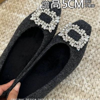Augmentation de hauteur invisible de 5 cm Fée niche coréenne bouche peu profonde strass laineux chaussures simples fémininité hiver porter chaussures en laine