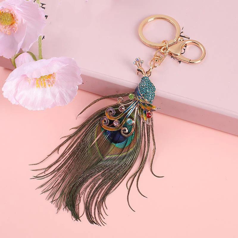 Porte-clés Plume de Paon Strass Brillant Fermoir Anti-rouille Pendentif Mode pour Sac Décoration de Clé de Voiture Portable pour Filles