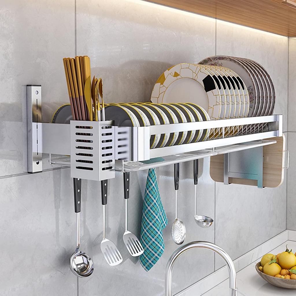 Stainless Steel Wall-Mounted Dish Rack, Dish Drying Rack with Drip Tray, Cutlery Rack and Cutting Board Rack, Silver (80x30cm)