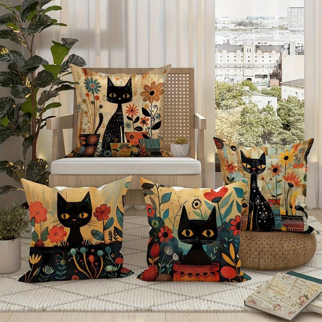 Vintage Schwarze Katze und Blume Kissenbezug Mittelalterliches Abstraktes Design Tägliche Heim Sofa Dekoration Kissenbezug