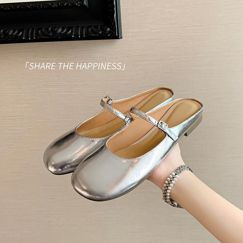 6.18 Leather Flat Shoes Bag Head Mary Jane Cool Flat Heel Drag Silver Slippers Women's Shoes Breathable Outside Summer