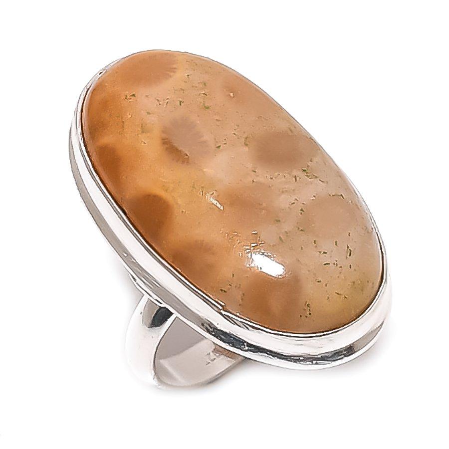 Fossil Coral Gemstone Handmade 925 Sterling Silver Jewelry Ring Size 7 u6O75