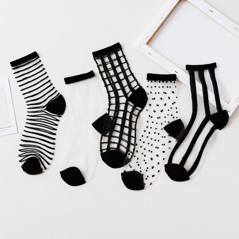 5 Pairs Women Ladies Socks Fashion Sheer Mesh Glass Silk Socks Ultrathin Transparent Crystal Lace Fabulous Elastic Summer Ankle