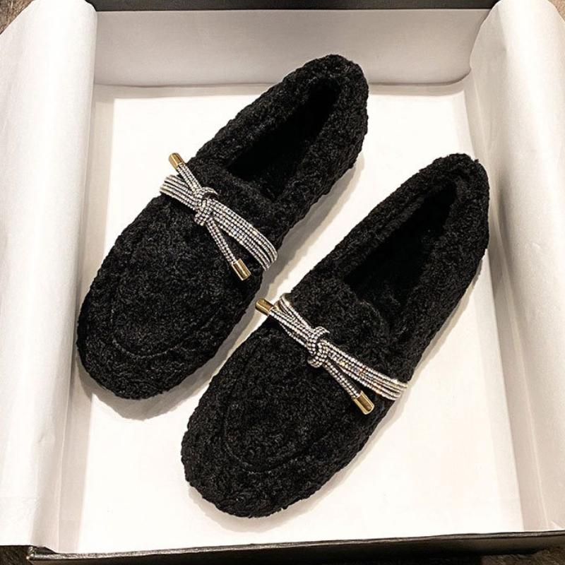 Fashion Luxury Crystal Bow Decoration Brand Designer Shoes Comfortable Flurry Loafers Women Winter new Warm Non-slip Flat Casual Shoes