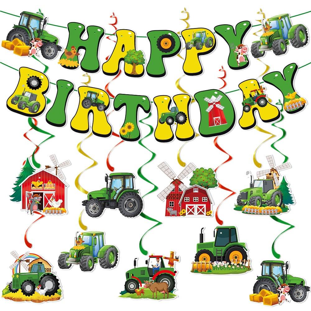 Farm Tractor Birthday Decoration Banner Birthday Party Decoration Flag and Flower Pull Tractor Spiral Pendant