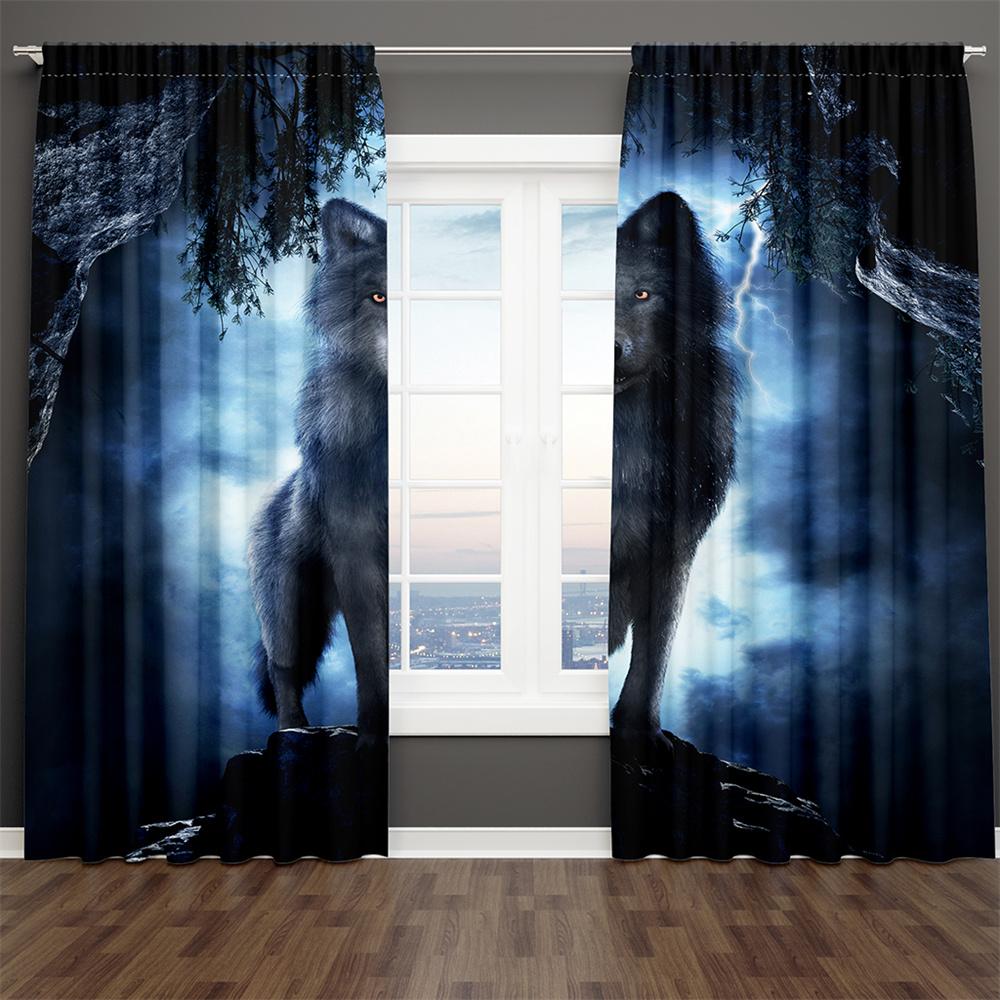 3D Modern Luxus Druck Wolf Landschaft in der Wüste Tier 2 Stück Dünner Verdunklungsvorhang Wohnzimmer Schlafzimmer Heimdeko Haken