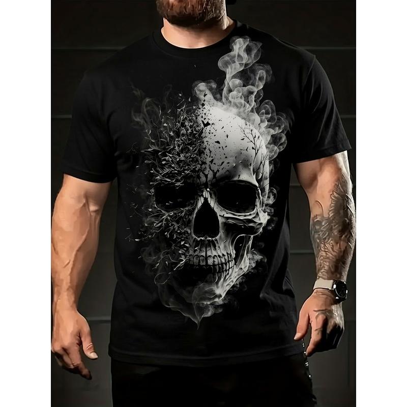 Men's 3D Skull Print T-Shirt - Gothic Edgy Style Short Sleeve Crew Neck Tee with Skull, Machine Washable Regular Fit Suitable for Summer Outdoor