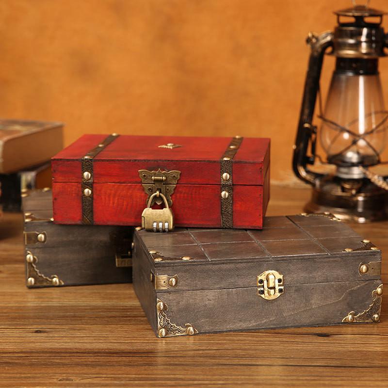 Gray Wooden Vintage Storage Box With Lock For Jewelry Organizer Decoration Home