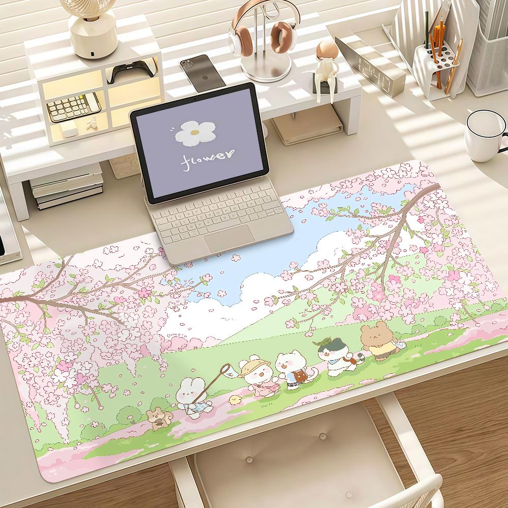 Kirschblüten Cartoon Hase Mauspads Anti-Rutsch Gummikante Verriegelt Verdickt Laptop Gaming Schreibtischmatte