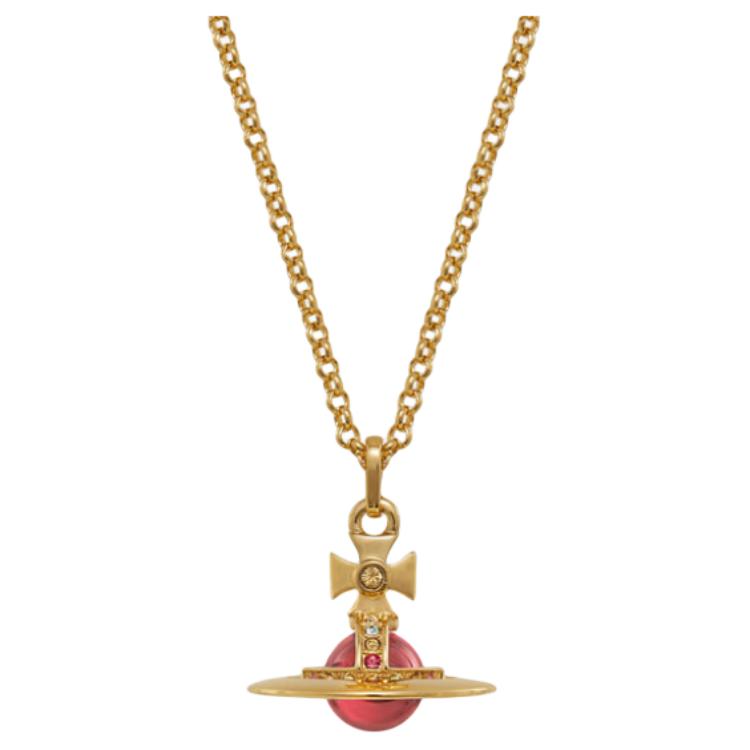 VIVIENNE WESTWOOD Tiny Orb Saturn Transparent Red Ball Pendant Necklace Unisex Necklace Brass Crystal Gold 63020224-02R513-CN