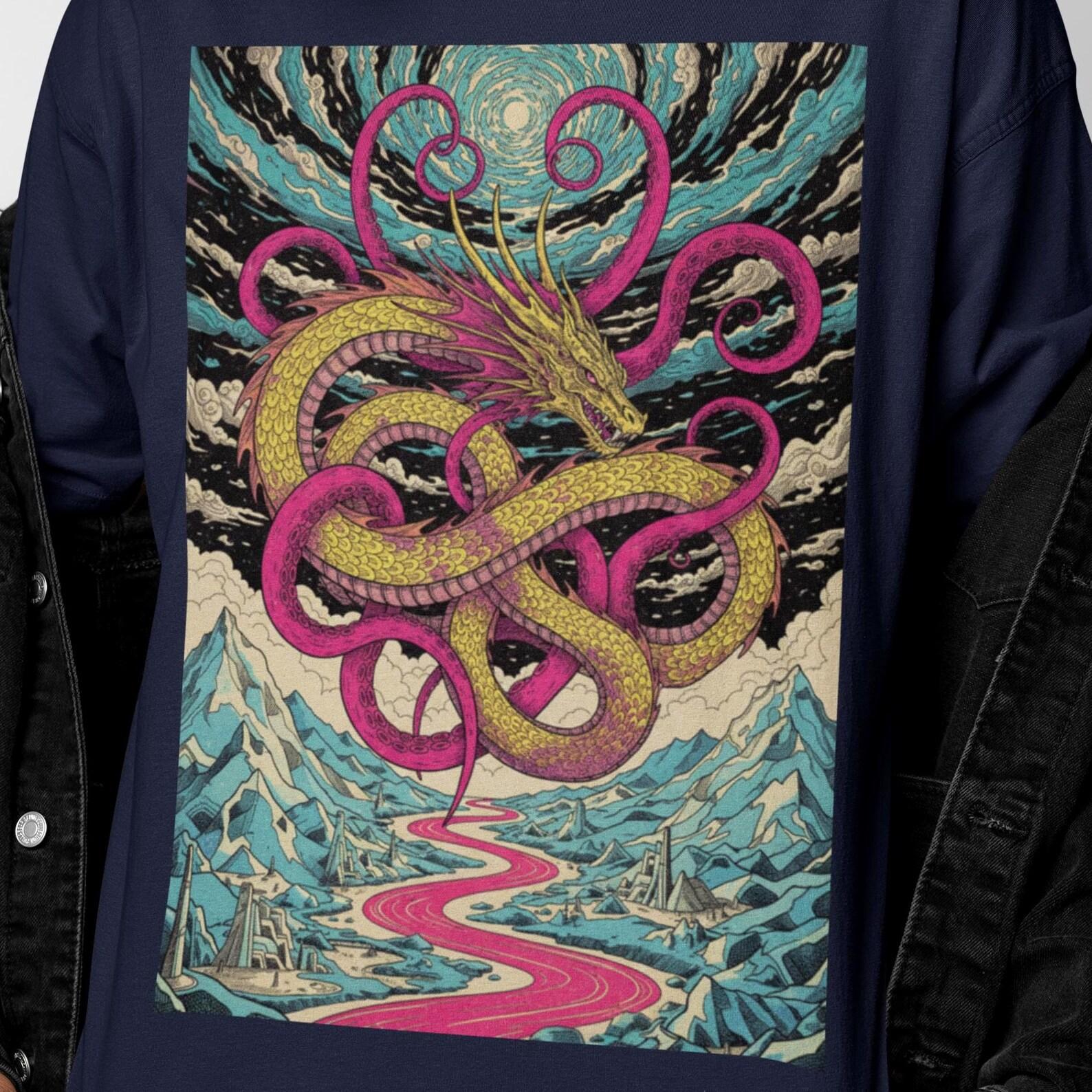 Japanese Dragon Surreal Shirt | Psychedelic Eastern Dragon Tee | Trippy Mythical Sky Art | Fantasy Serpent Graphic | Dragon Gift Present 4XL