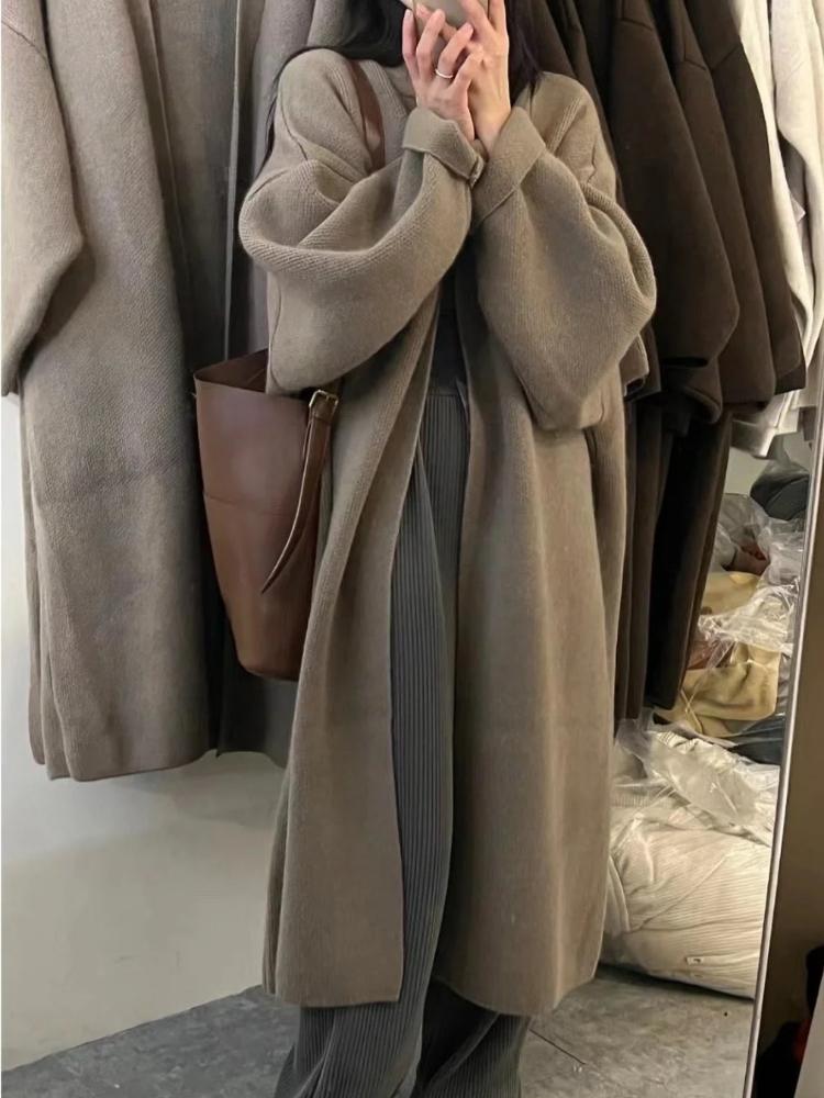 Dame Høst og Vinter Lat Stil Myk og Klebrig Designfølelse Ensfarget Retro Lang Genserjakke Strikket Cardigan Kåpe for Kvinner