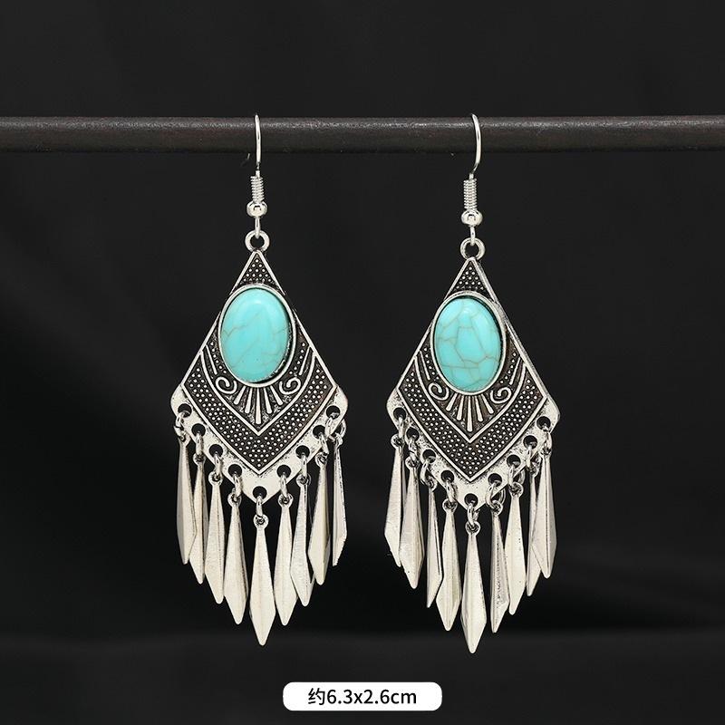 Vintage stone fringed earrings silver women's bohemian long personalized Tibetan temperament vacation earrings