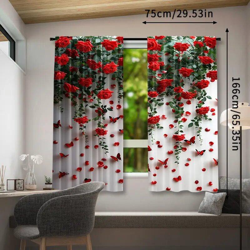 2 stk gardiner med trykk av røde roser, stanglommegardiner 42*84, soverom og stue, hjemmedekorasjon, romdekorasjon