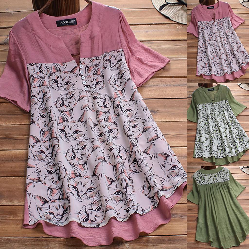 Women Summer Short Sleeve Shirt Irregular Hem Blouse V Neck T Shirt Cat Print Shirts Pullover
