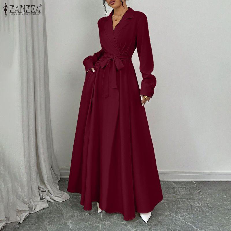 ZANZEA Damen Revers Elegant Langarm Lässig A-Linie Langes Kleid