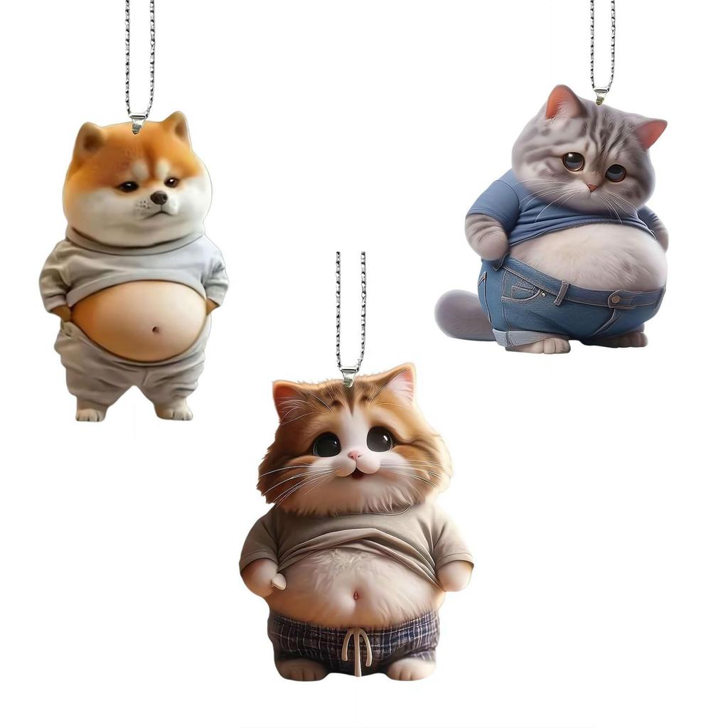 Fat Cat Dog Car Mirror Decoration Deb Dog Cat Mascot Keychain Ball Chain Stomach