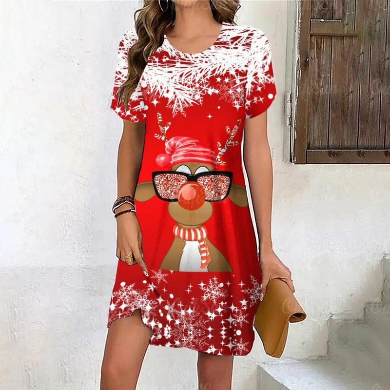 New Cartoon Moose Digital 3D Print Crew Neck Short-sleeve Pullover Stylish Casual Women's Dress