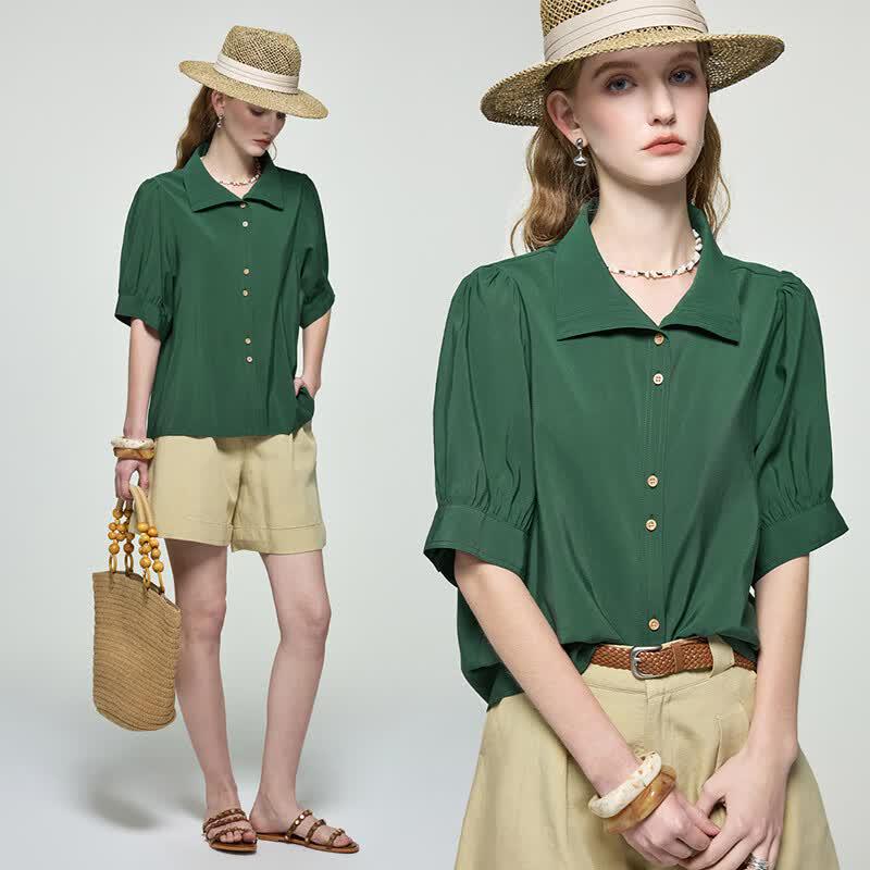Women s Resort Style Puff Sleeve Lapel Blouse L