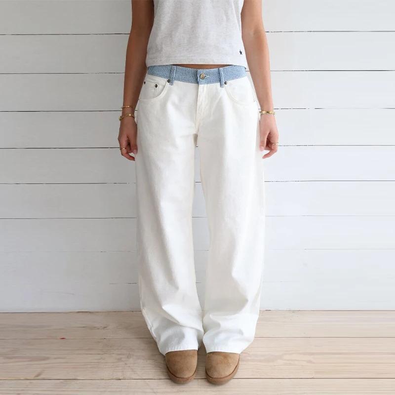 ROADVIBE Women's Contrast Waistband White Wide Leg Jeans Low Rise Baggy Denim Pants Loose Fit Trousers Lady Date Commuter Casual Clothes