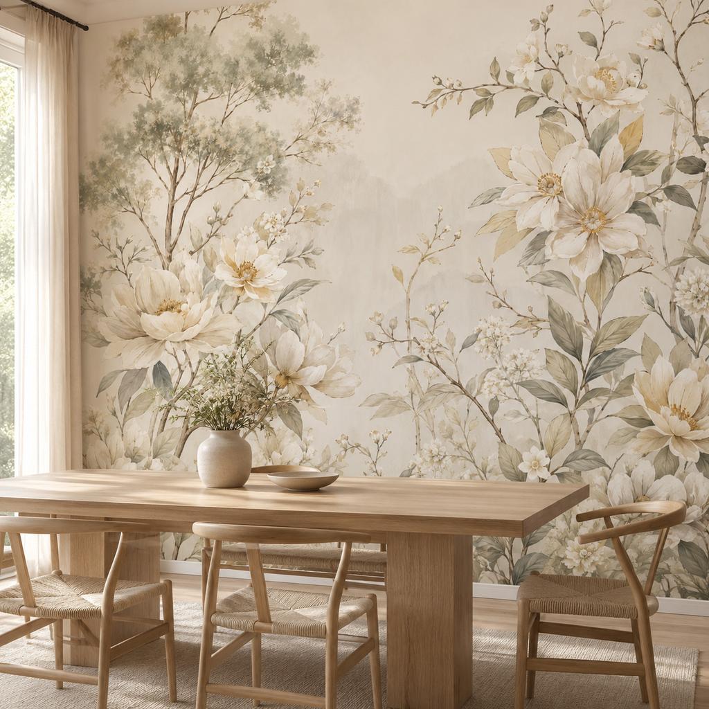 Neutral Magnolia Tree Wall Mural Wallpaper, Cream Botanical Floral Art for Dining Room Living Room, Paste Required