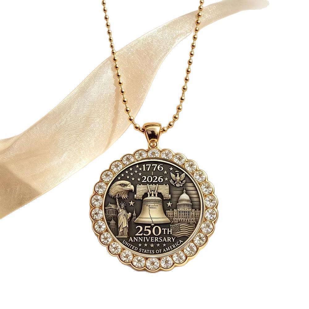 Gold-Edged Rhinestone American Flag & Statue of Liberty Necklace