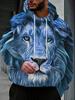 Fashionable Hooded Sweatshirt, Casual Athletic Hoodie Blue Lion Head Close-Up Fluffy Eyes Sharp Gaze with Front Pocket - Elastic Blend, Suitable for