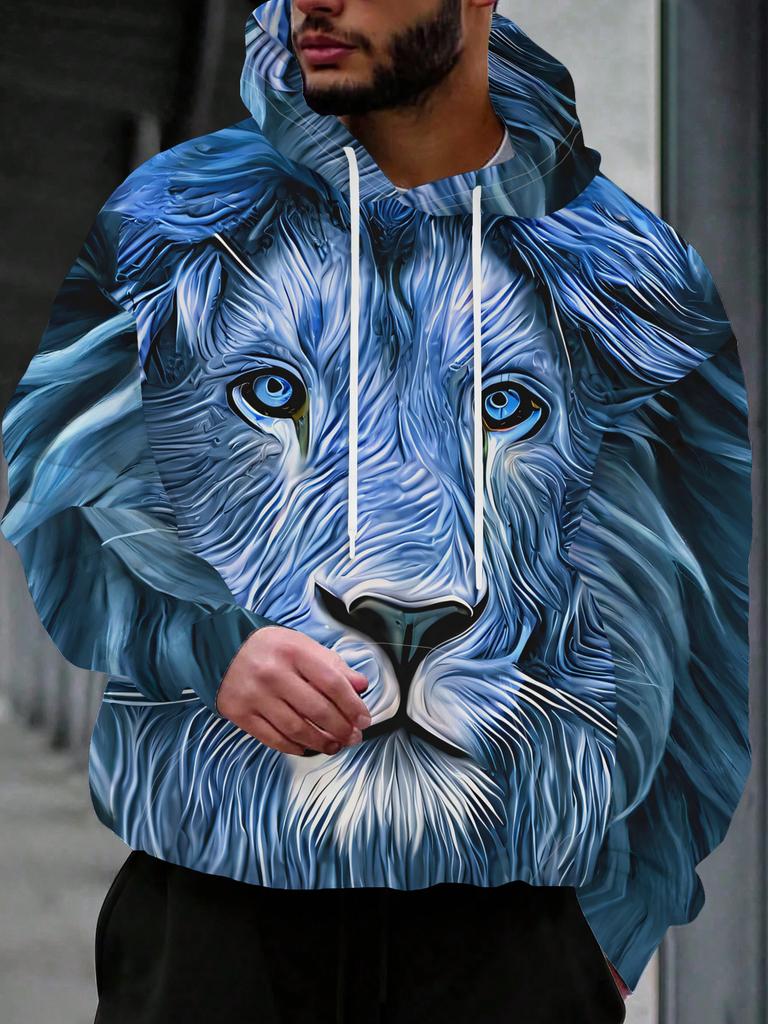 Fashionable Hooded Sweatshirt, Casual Athletic Hoodie Blue Lion Head Close-Up Fluffy Eyes Sharp Gaze with Front Pocket - Elastic Blend, Suitable for
