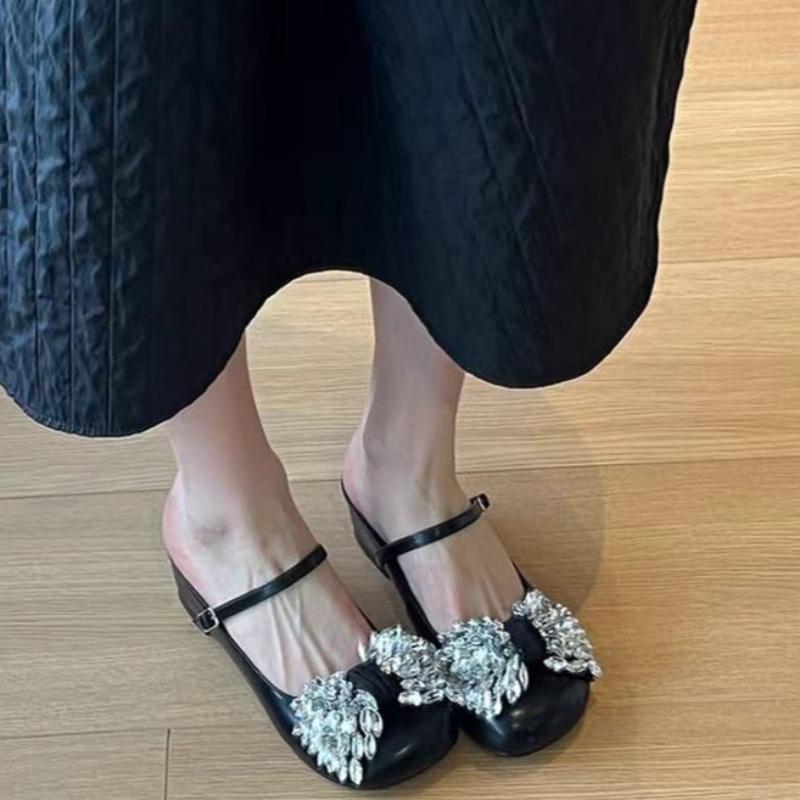 

Fashion Plus Size Bag Toe Slippers Summer New Round Toe Shallow Mouth Crystal Bow Soft Sole Non-Slip Wear-Resistant Strap Flats 40 чёрный