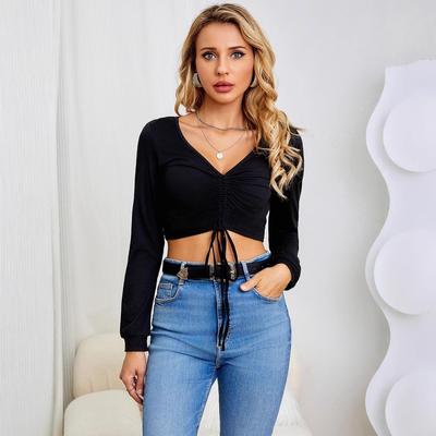 European and American Women's Autumn Sexy Solid Color Drawstring Top - Casual Romantic Fashion 2023