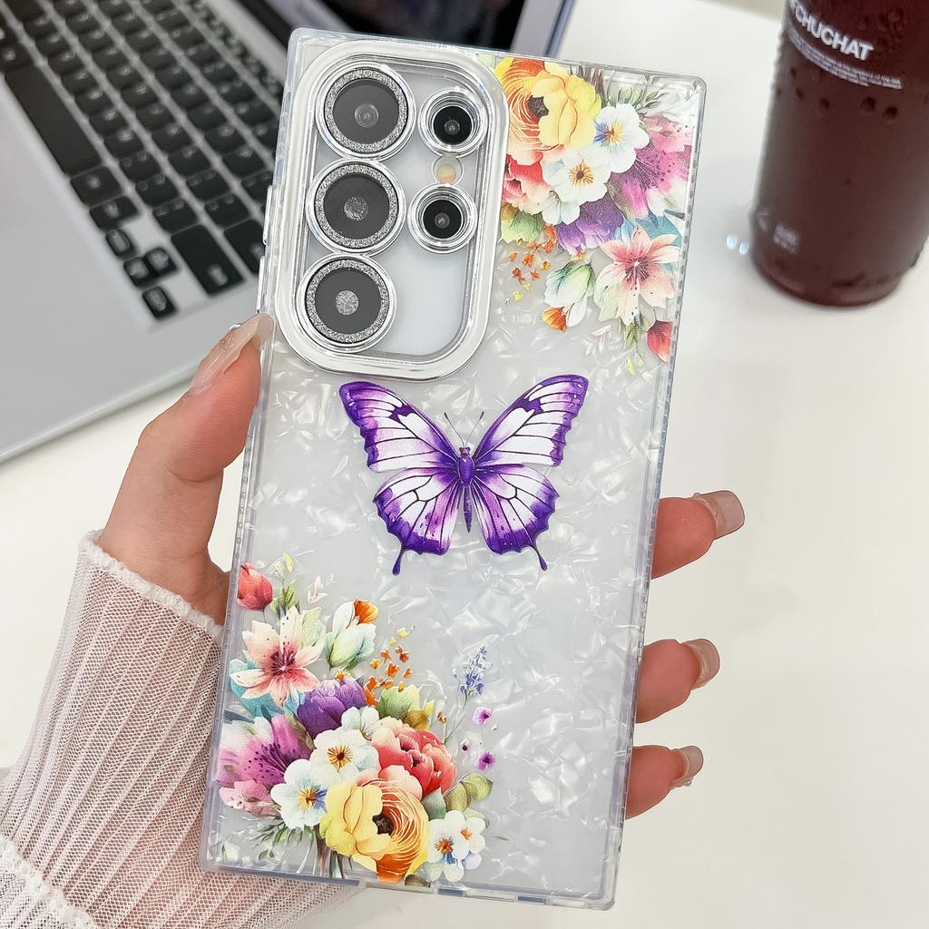 Small Fresh Embossed Butterfly Suitable for Samsung S25 Ultra Electroplated Mobile Phone Case Bracelet S24 Flash Powder Lens Film A56