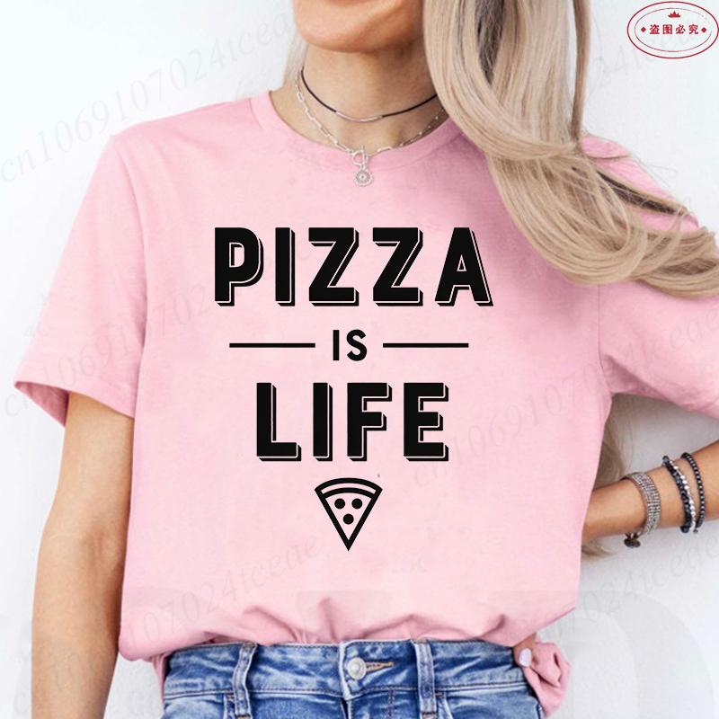Women's Pizza Lover T-Shirt, 'Pizza Is Life' Retro Block Text Print Tee, Harajuku Short Sleeve O Neck Tops Aesthetic Clothing