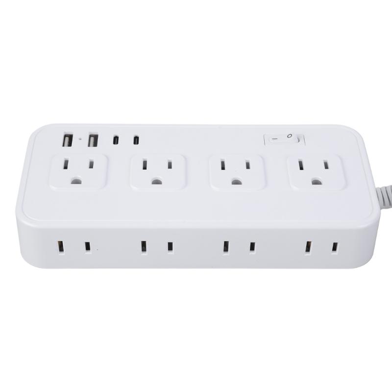 Stromleisten mit US-Stecker, 8 Steckdosen, 4 USB-Anschlüsse(2 USB-C), Geflochtenes Verlängerungskabel, Überspannungsschutz-Adapter für Zuhause