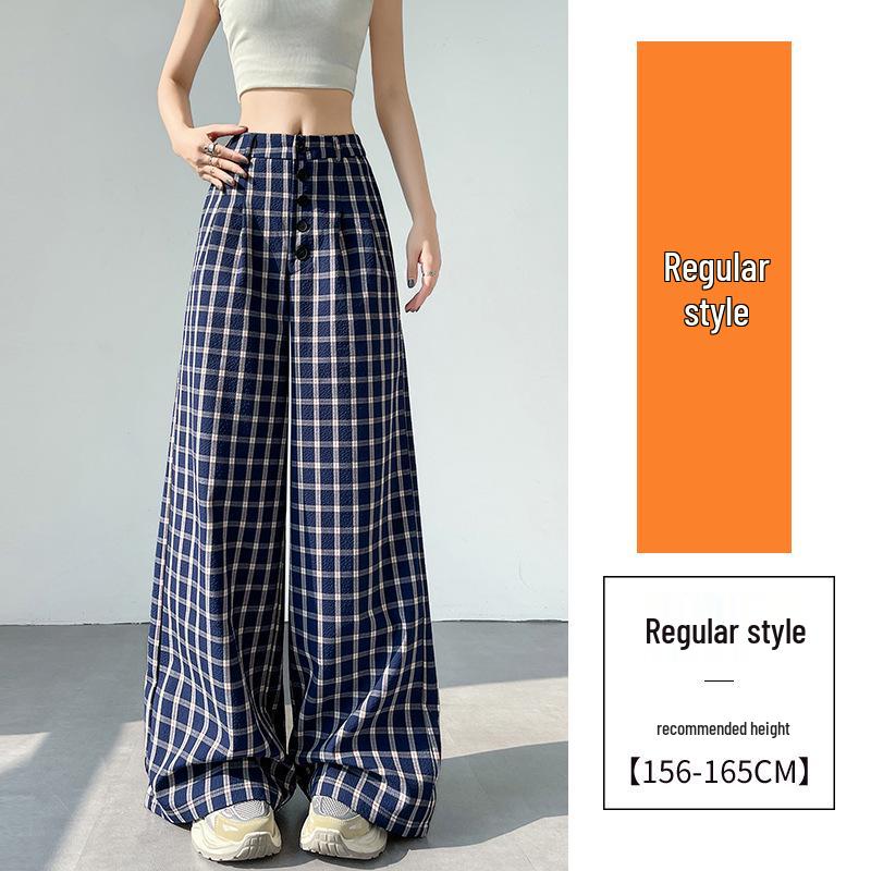 Women s Blue Plaid High-Waist Wide-Leg Summer Pants: New 2026 Fashion, Casual, Floor-Length Drape Design. S