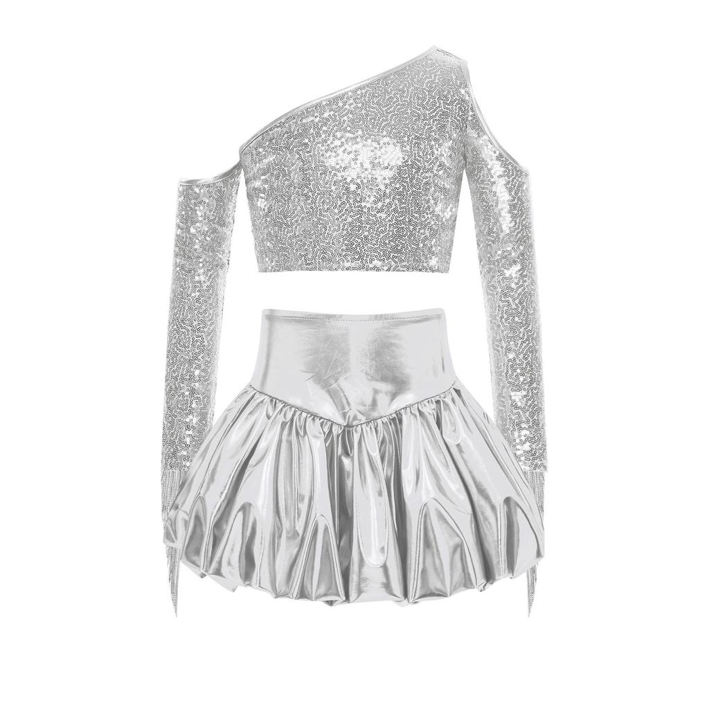 Meisjes Performance Outfit Metallic Glanzend Cold Shoulder Crop Top Lange Mouwen Kwastjes Design Feest Bellenrok