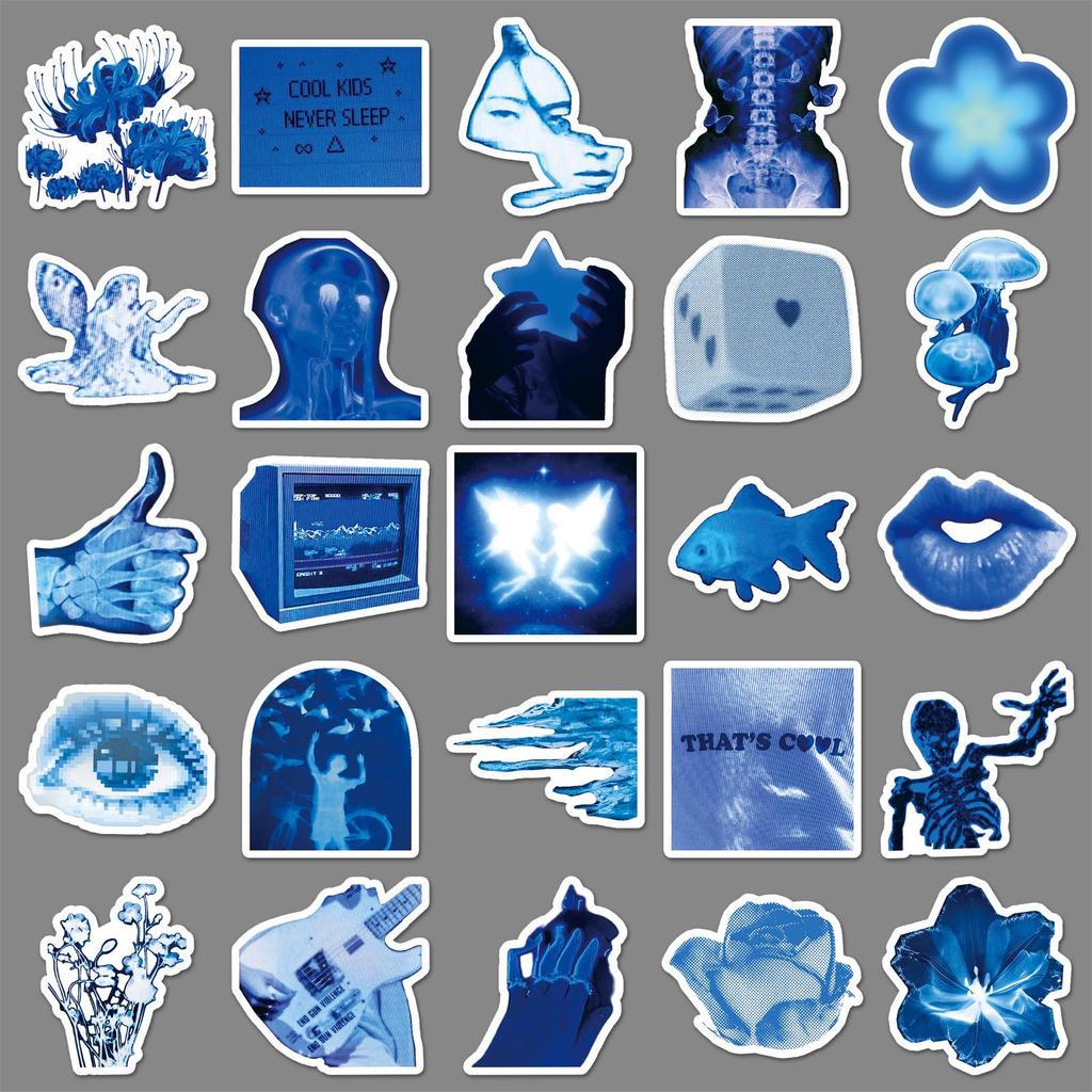 50 Trendy Low-Pixel Blue Cartoon Stickers for Storage Boxes, Helmets, Cars, Headphones, Luggage, and Desktops