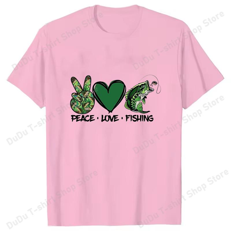 New Peace Love Fshing Printing Tshirt Women Unisex Tees Round Neck Tshirt Unisex Fishing Enthusiast Summer Short Sleeve Tops