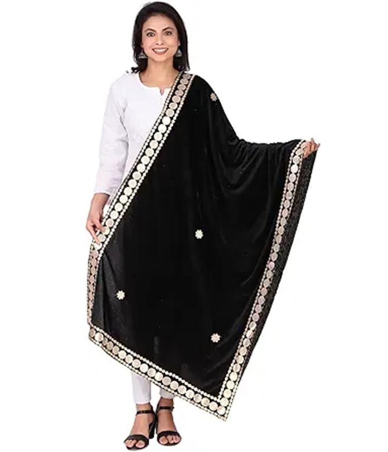 TreegoArt Fashion Women s Velvet Blend Embroidered Gota Pati Lace Border Dupatta Chunni - Pack Of 1 чёрный
