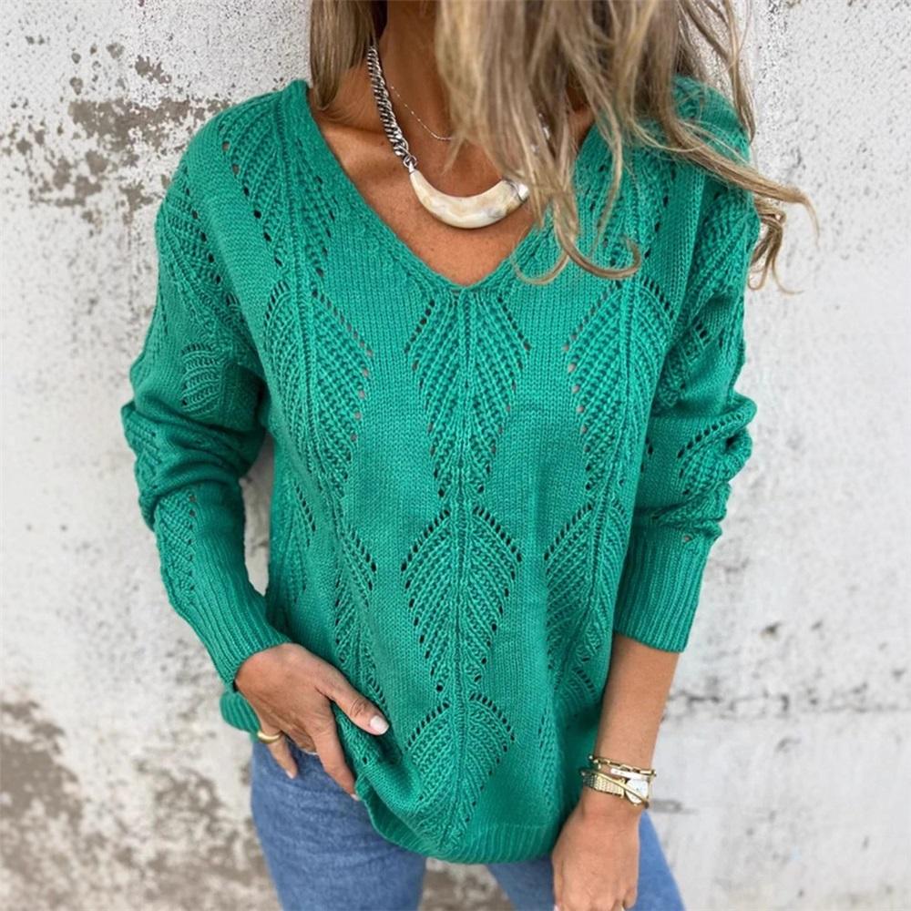Women's long-sleeved V-neck hollow leaf pattern button knit sweater