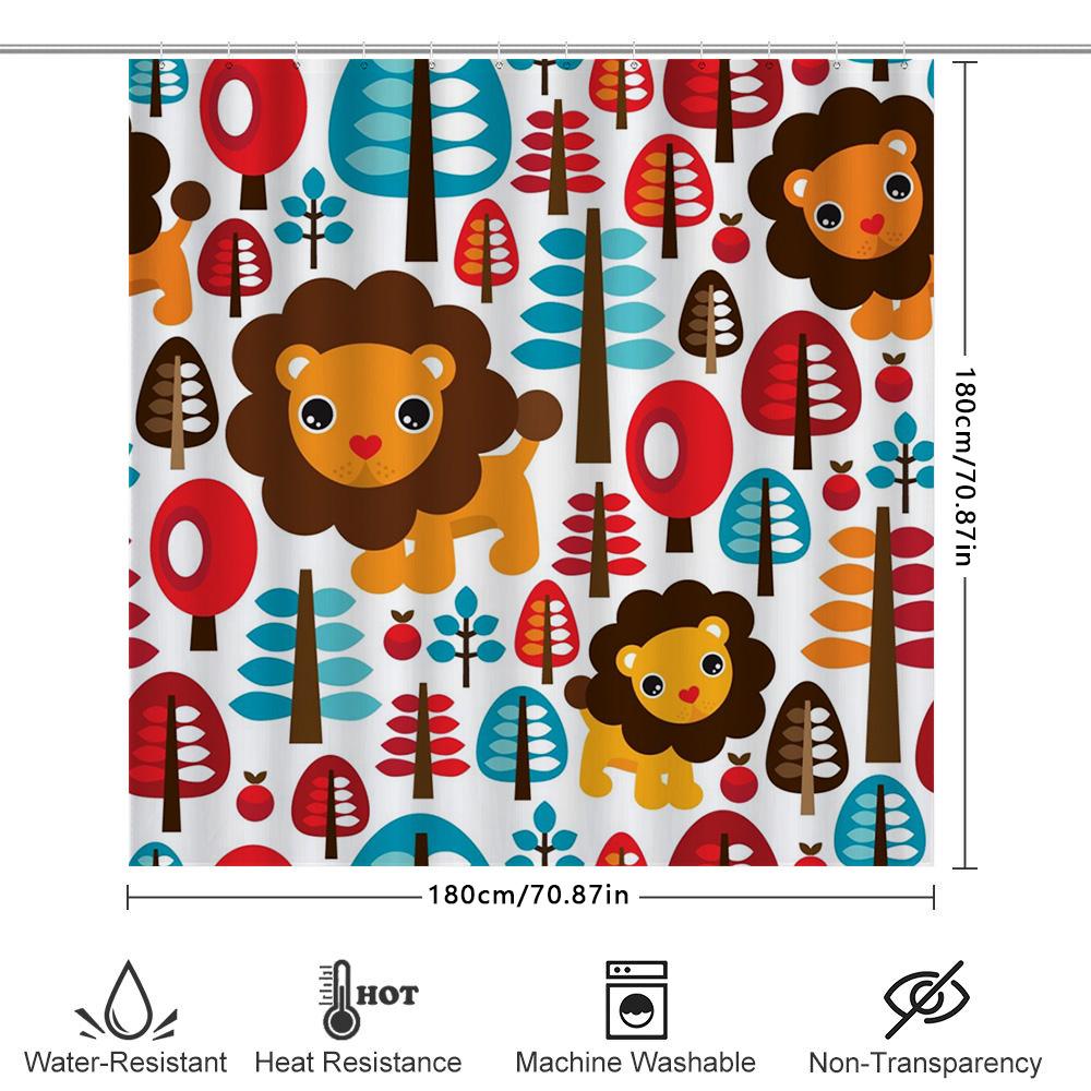 Playful Lion Forest: Whimsical Animal And Tree Pattern Shower Curtain For A Fun And Vibrant Bathroom Dcor