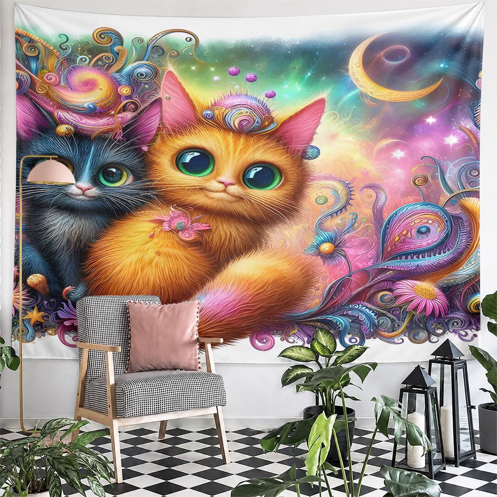 Colorful Fantasy Cats with Cosmic Background Pattern Wall Hanging Tapestry Decorative Tapestry Home Decor for Bedroom and Living Room